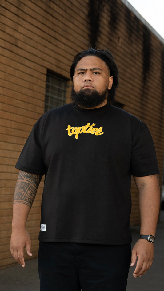 BLACK SHIRT W/ WHITE & GOLD PRINT