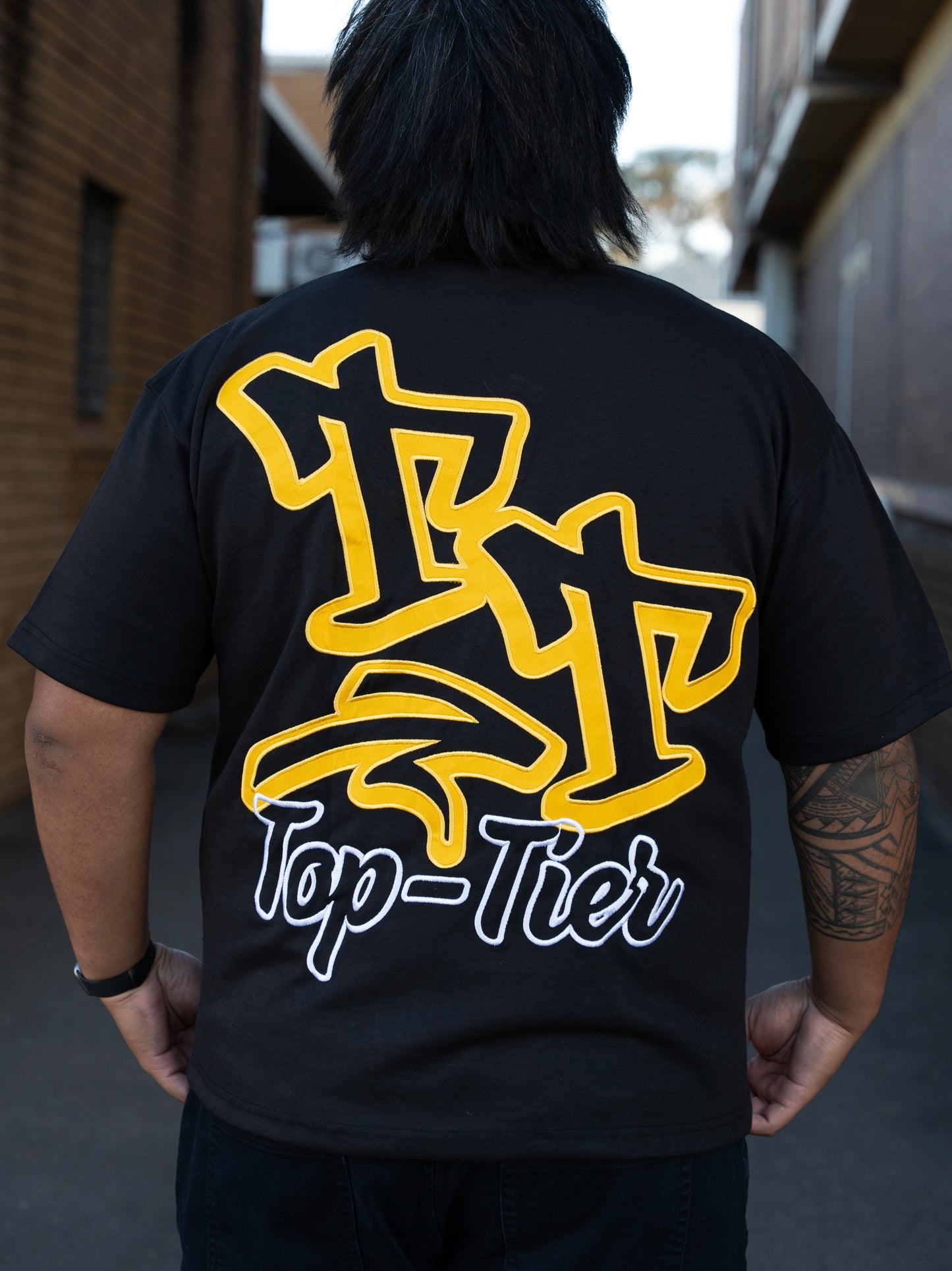 BLACK SHIRT W/ WHITE & GOLD PRINT