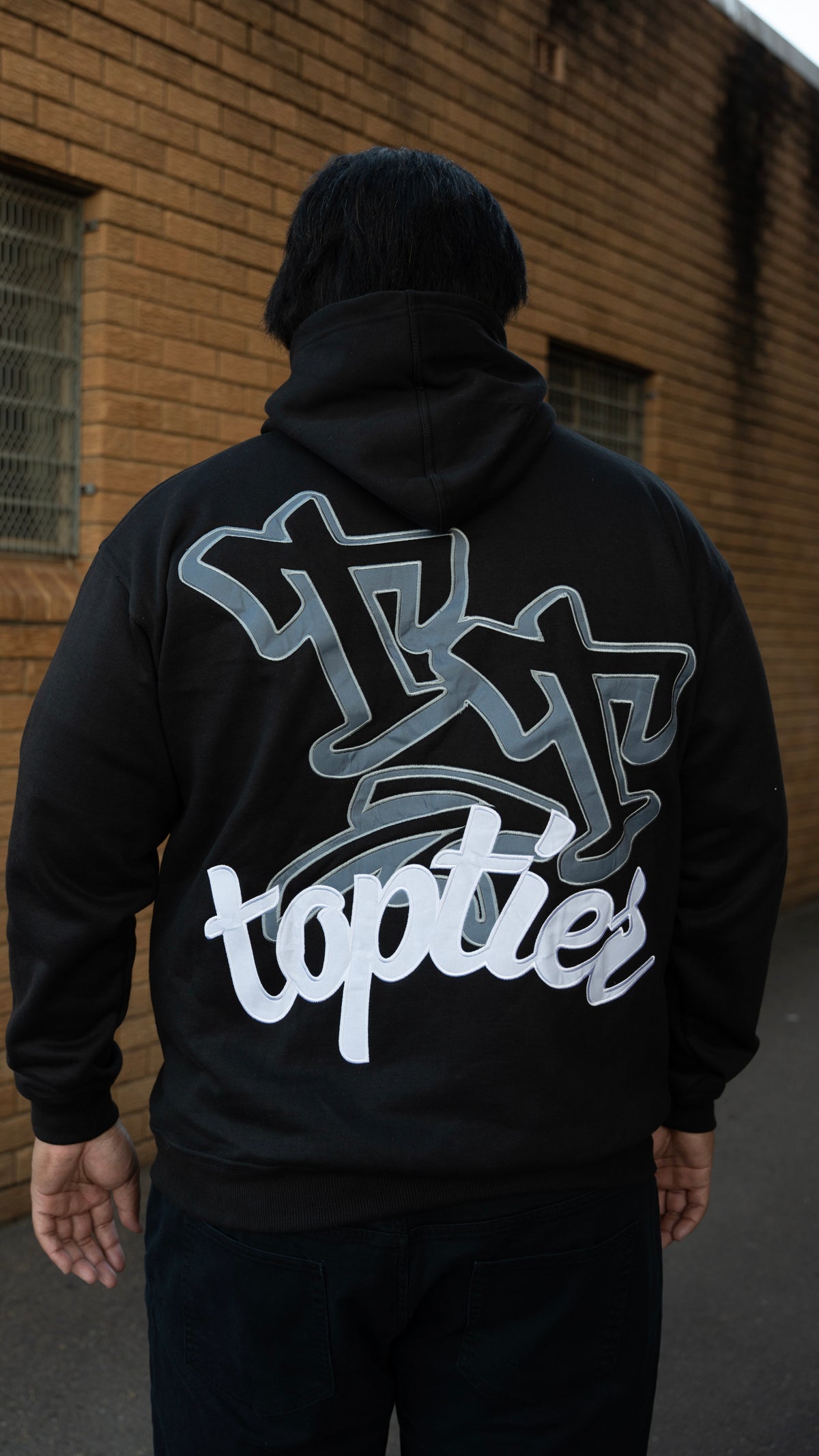 BLACK HOODIE W/ WHITE & SILVER PRINT