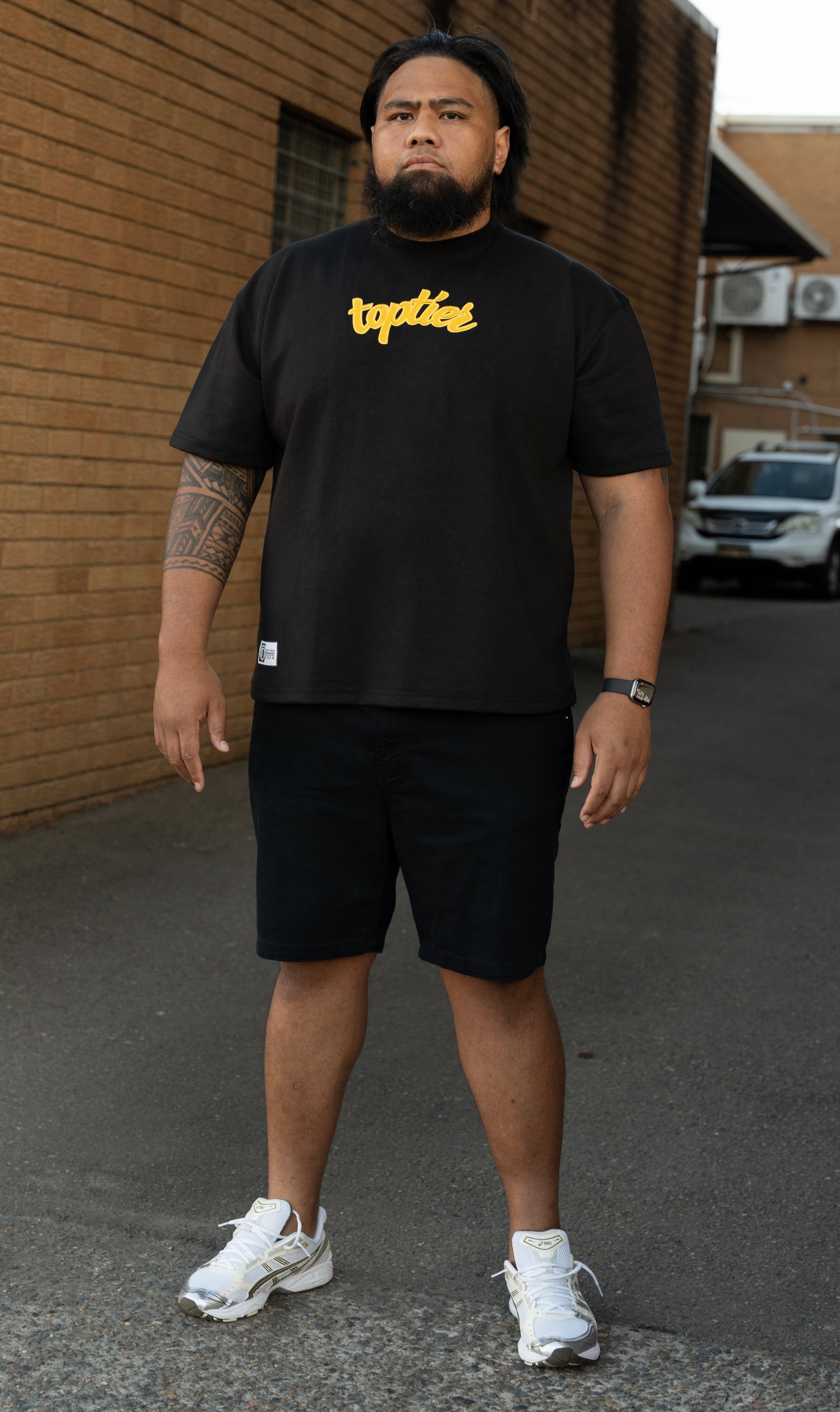 BLACK SHIRT W/ WHITE & GOLD PRINT
